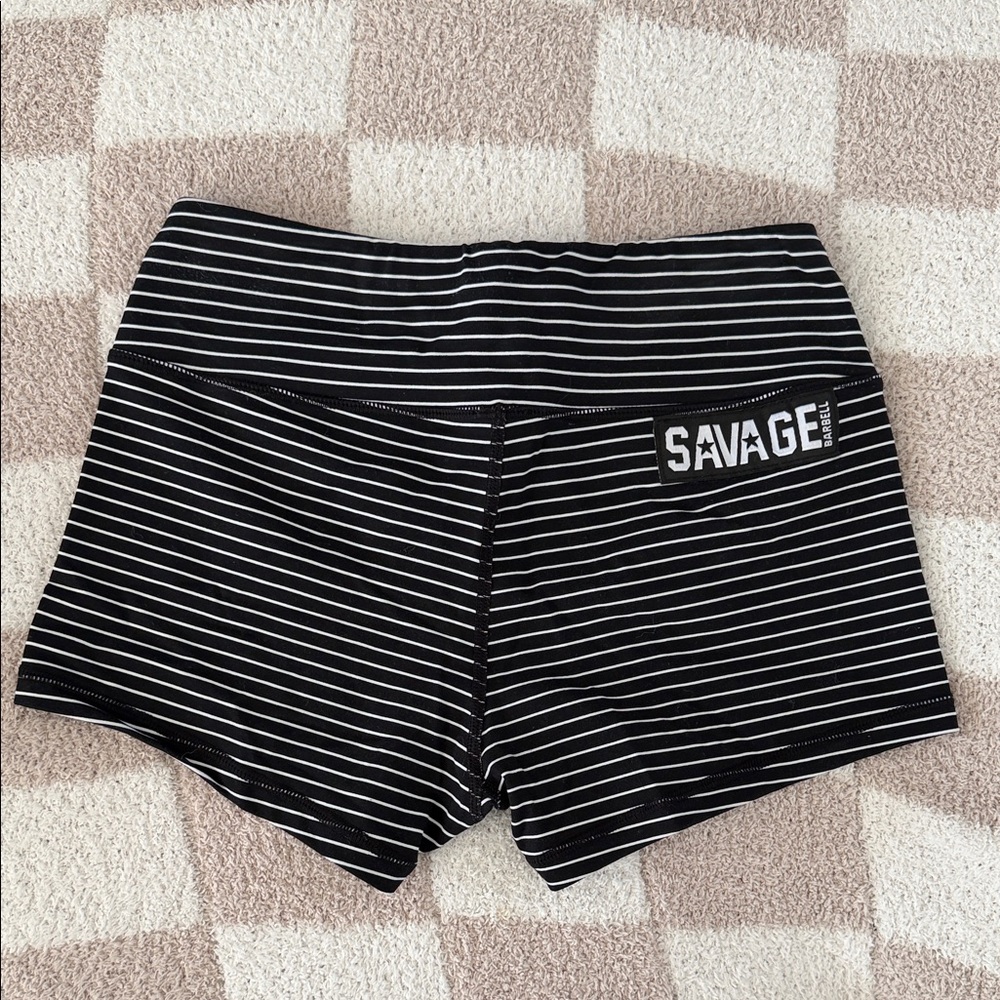 Savage Barbell Black and White Striped Athletic Shorts